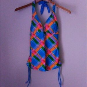 HULA HONEY Plaid Backless Halter Deep V-neck Swim Top M